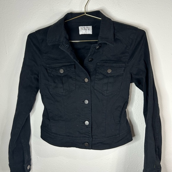 Tinsel Town Black Denim Jacket Women’s Small Button Front Cropped Fitted - Picture 2 of 5